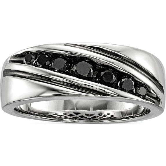 Sterling Silver Ss Rh Plated White Night Black Diamond Men's Band Ring (Size 11) Made In India qr5468-11