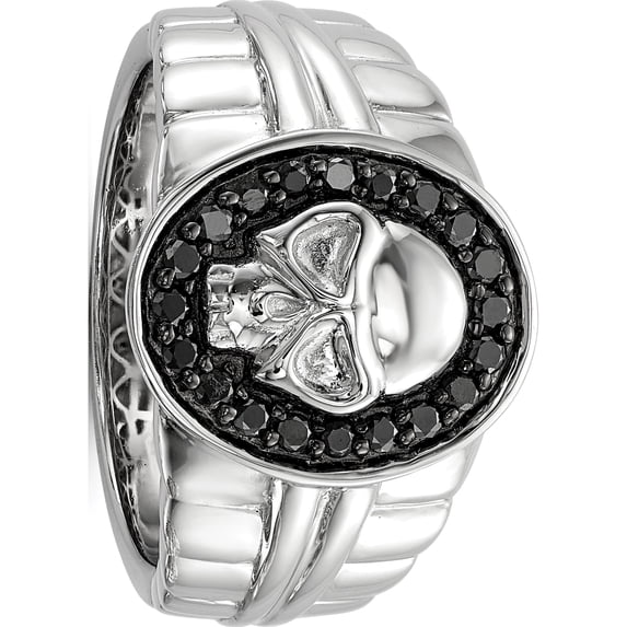 Sterling Silver Ss Rh Plated White Night Black Diamond Oval Skull Men's Ring (Size 10) Made In India qr5590-10