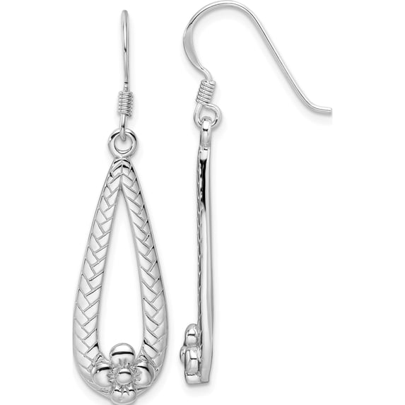 Sterling Silver Ss Rhod-Plated Polished Textured Teardrop W/Flower Dangle Earrings (Width 10.7) (Length 43.6) - Jbsp