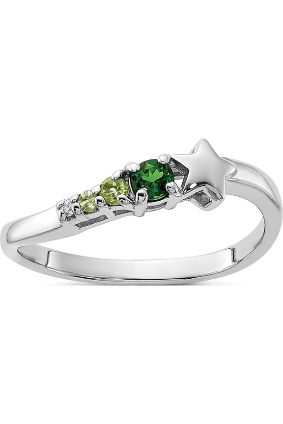 SS Rhodium Chrome Diopside and Peridot and CZ Star Curved Ring