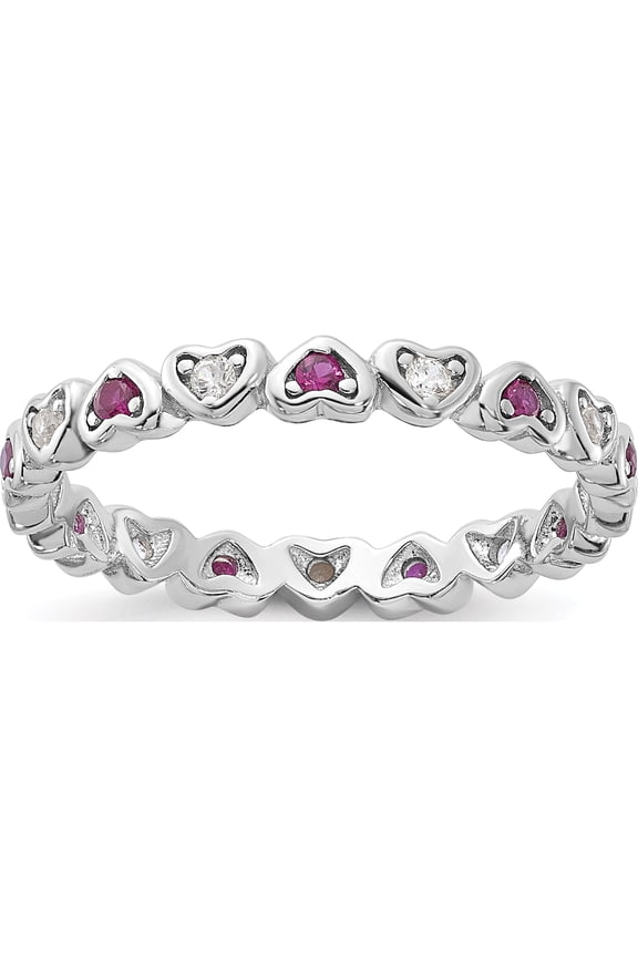 SS Rhodium-plated .14Lab Cr. Ruby and .27Cr. Wh Sapphire Heart Ring