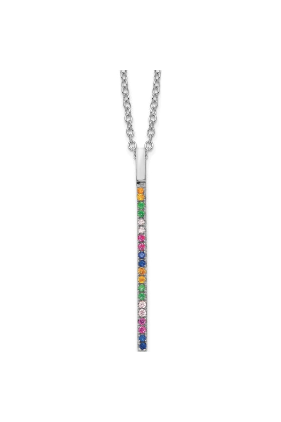 Sterling Silver Ss Rhodium-Plated Colorful Cz Vertical Bar With 2In Ext Necklace (18 X 1.5) Made In China qg5049-16