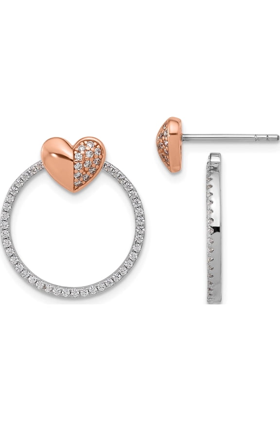 SS Rhodium-plated Rose-tone CZ Heart and Open Circle Post Earrings