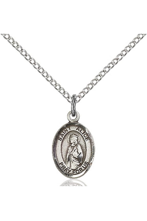 Sterling Silver St. Alice Pendant 1/2 x 1/4 inches with Sterling Silver Lite Curb Chain