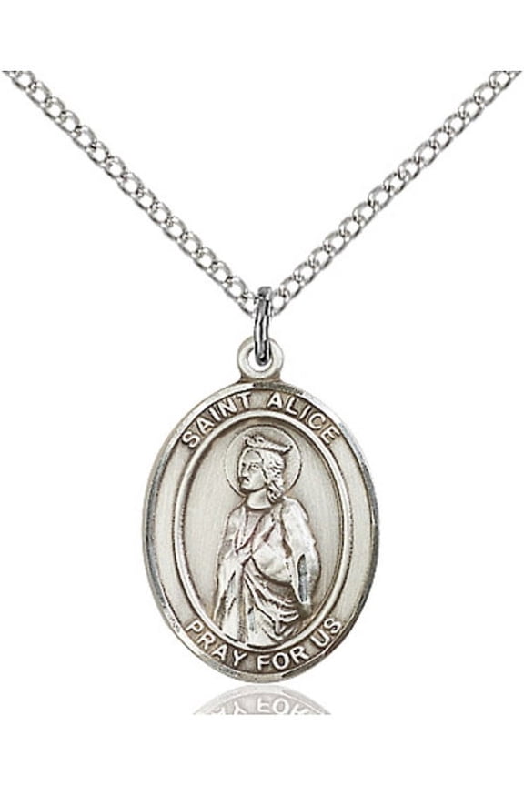Sterling Silver St. Alice Pendant 3/4 x 1/2 inches with Sterling Silver Lite Curb Chain