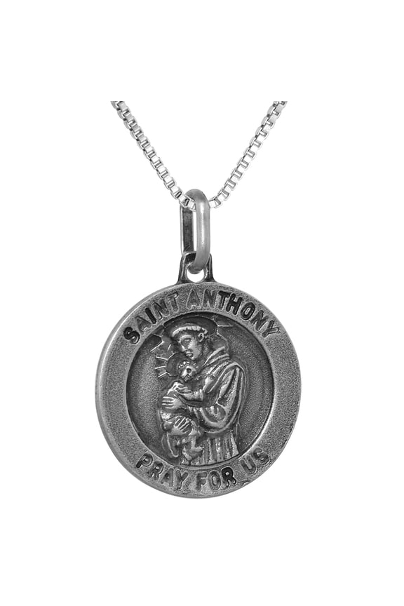Sterling Silver St Anthony Medal necklace 3/4 inch Round Antiqued Finish Italy, 16 inch Chain 0.8mm