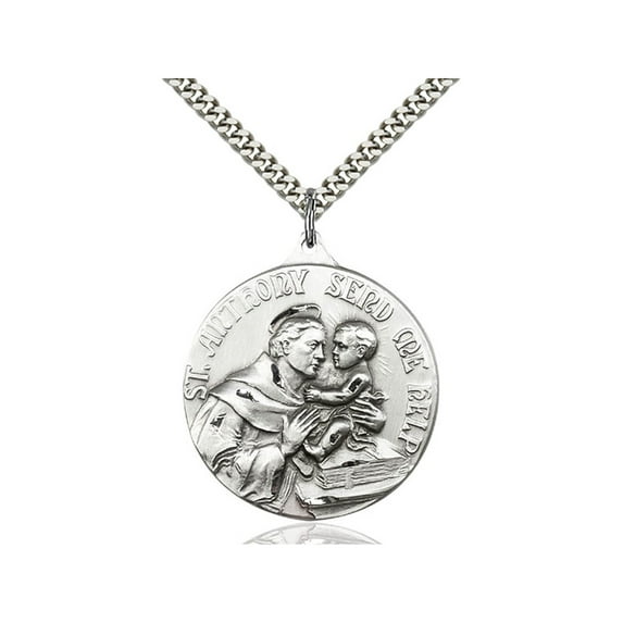 Sterling Silver St. Anthony Pendant 1 3/8 x 1 1/8 inches with Heavy Curb Chain