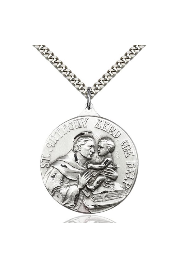 Sterling Silver St. Anthony Pendant 1 3/8 x 1 1/8 inches with Heavy Curb Chain