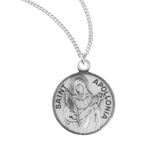 Sterling Silver St.Apollonia Medal Pendant Necklace in 18 Inch Rhodium Plated Stainless Steel Chain -Patron Saint of Dentists and tooth problems, Deluxe Velvet Gift Box - Made in USA