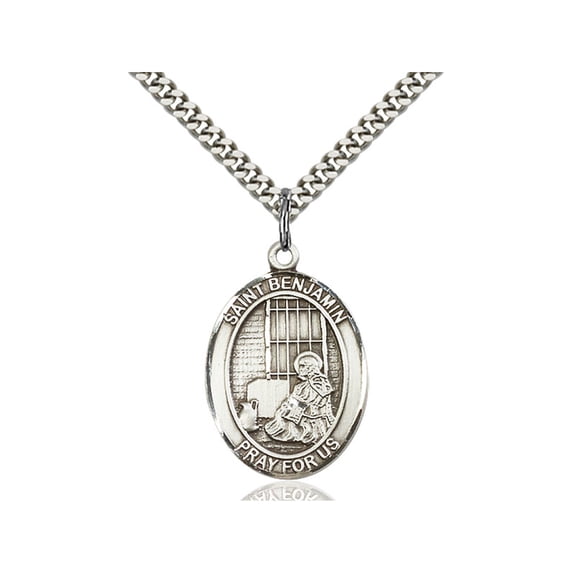 Sterling Silver St. Benjamin Pendant 1 x 3/4 inches with Heavy Curb Chain