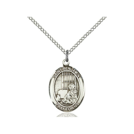 Sterling Silver St. Benjamin Pendant 3/4 x 1/2 inches with Sterling Silver Lite Curb Chain