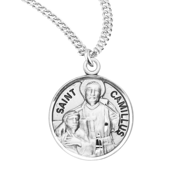 Sterling Silver St.Camillus Medal Pendant Necklace in 20 Inch Rhodium Plated Stainless Steel Chain -Patron Saint of Hospitals and Nurses, Deluxe Velvet Gift Box - Made in USA
