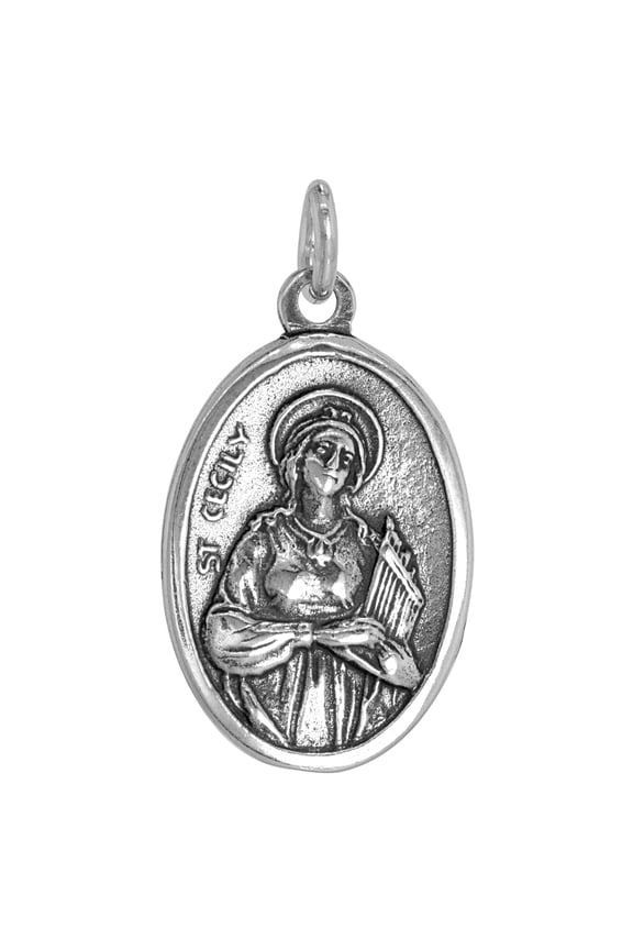 Sterling Silver St Cecily Medal Pendant Oxidized finish Oval 1 inch