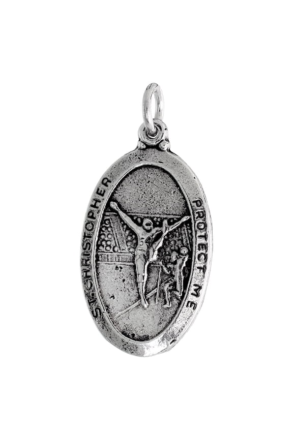 Sterling Silver St Christopher Medal Pendant Oxidized finish for Gymnastics Oval 7/8 inch