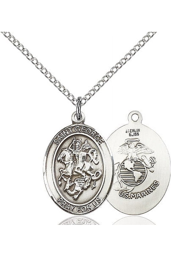 Sterling Silver St. George / Marines Pendant 3/4 x 1/2 inches with Sterling Silver Lite Curb Chain