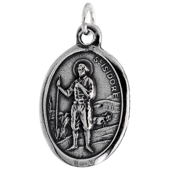 Sterling Silver St Isidore Medal Pendant Oxidized finish Oval 7/8 inch