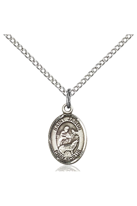 Sterling Silver St. Jason Pendant 1/2 x 1/4 inches with Sterling Silver Lite Curb Chain