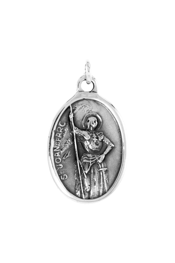 Sterling Silver St Joan of Arc Medal Pendant Oxidized finish Oval 1 inch
