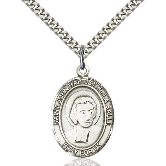 Sterling Silver St. John Baptist de La Salle Penda 1 x 3/4 inches with Heavy Curb Chain