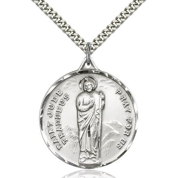 Sterling Silver St. Jude Pendant 1 1/4 x 1 1/8 inches with Heavy Curb Chain