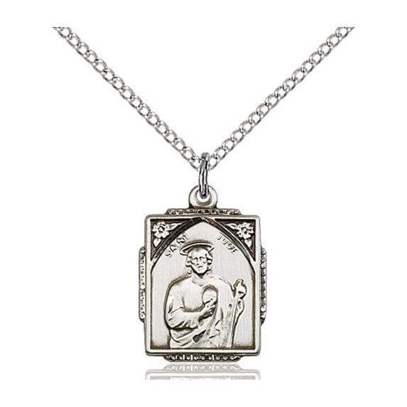 Sterling Silver St. Jude Pendant 5/8 X 1/2 inches with 18 inch Sterling Silver Curb Chain