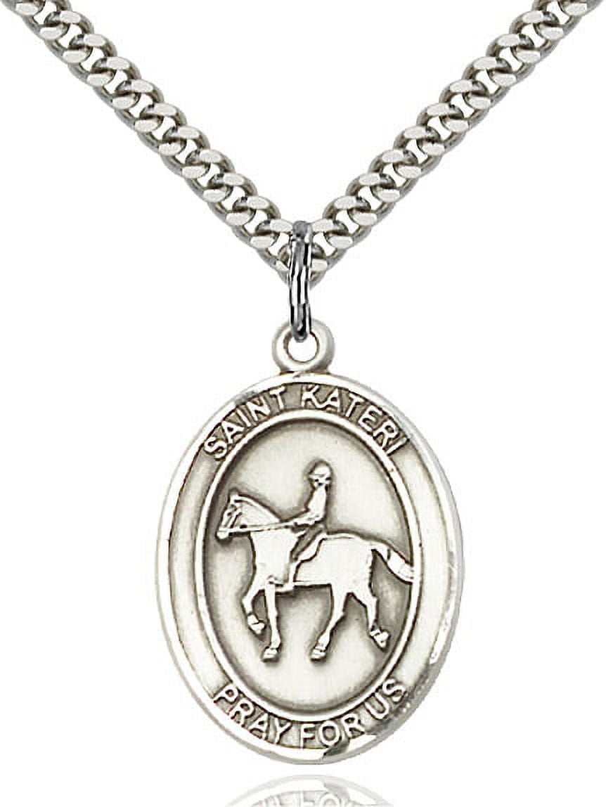 Sterling Silver St. Kateri / Equestrian Pendant 1 x 3/4 inches with Heavy Curb Chain