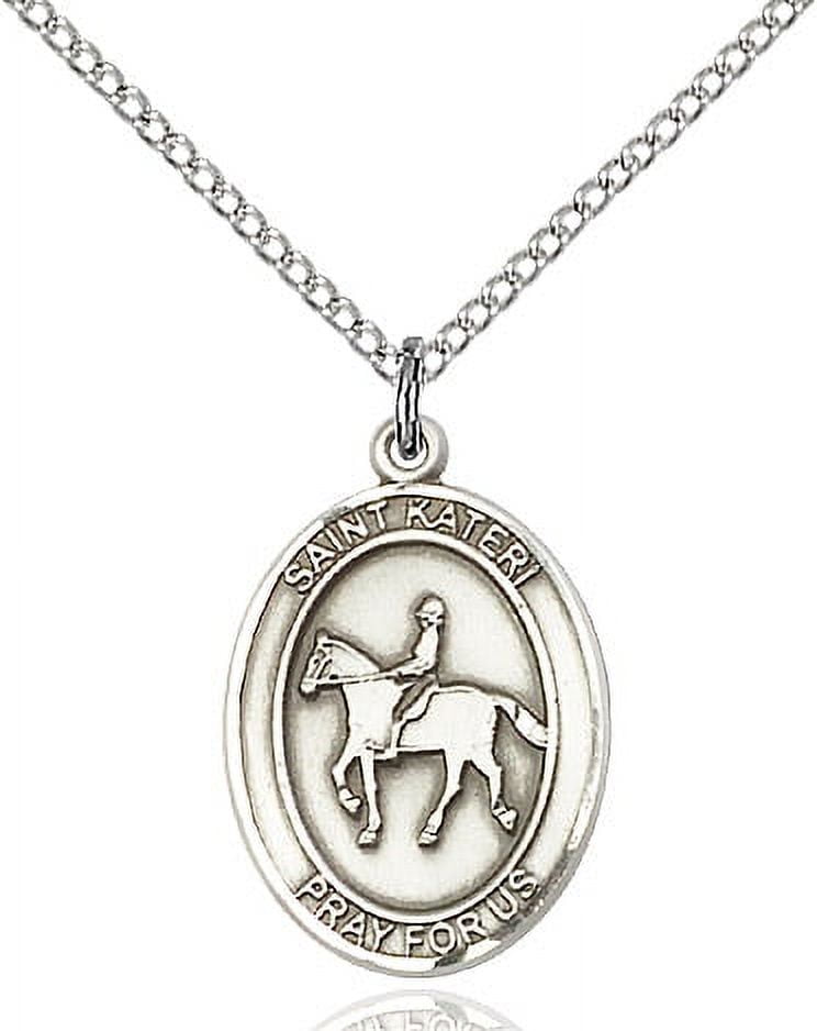 Sterling Silver St. Kateri / Equestrian Pendant 3/4 x 1/2 inches with Sterling Silver Lite Curb Chain