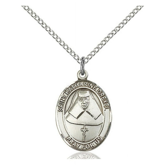 Sterling Silver St. Katharine Drexel Pendant 3/4 x 1/2 inches with Sterling Silver Lite Curb Chain