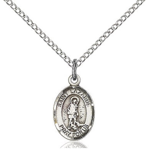 Sterling Silver St. Lazarus Pendant 1/2 x 1/4 inches with Sterling Silver Lite Curb Chain