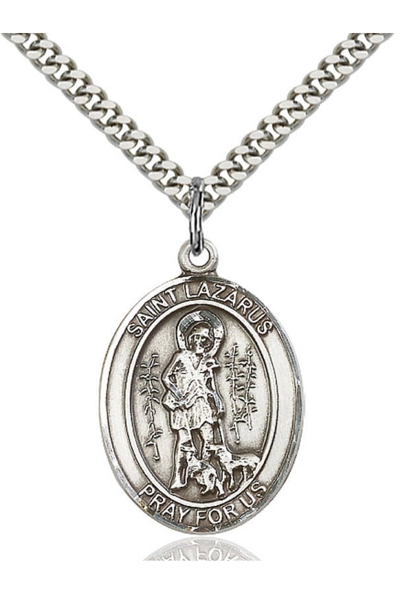 Sterling Silver St. Lazarus Pendant 1 x 3/4 inches with Heavy Curb Chain
