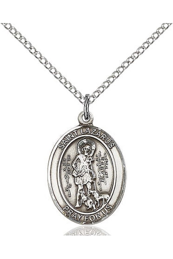 Sterling Silver St. Lazarus Pendant 3/4 x 1/2 inches with Sterling Silver Lite Curb Chain