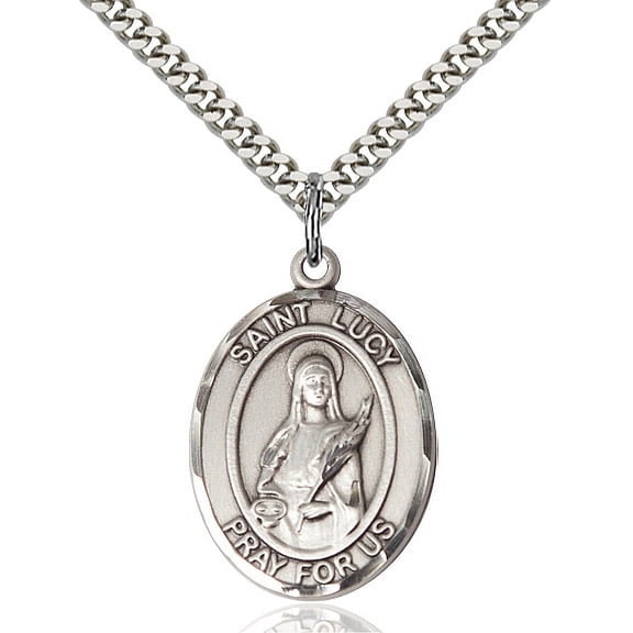 Sterling Silver St. Lucy Pendant 1 x 3/4 inches with Heavy Curb Chain