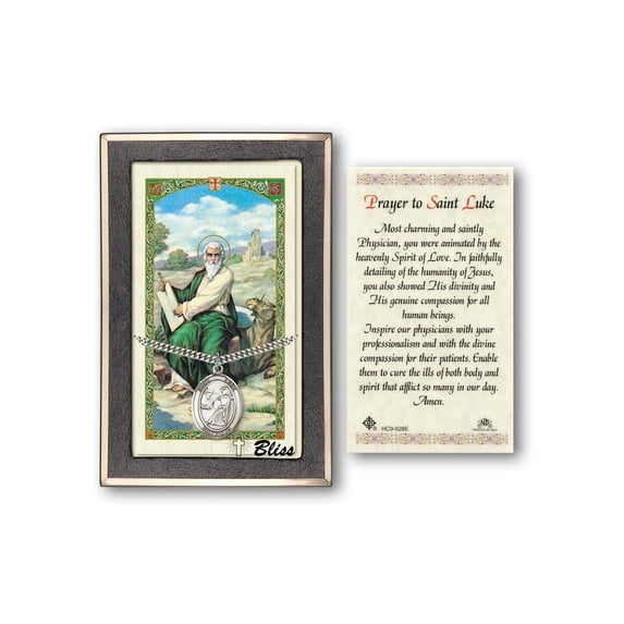 Sterling Silver St. Luke the Apostle medal on an 24 inch Heavy Curb Chain with a Prayer to St Luke Prayer Card.