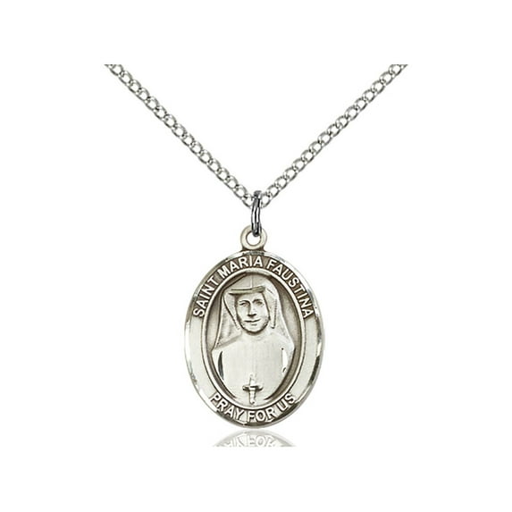 Sterling Silver St. Maria Faustina Pendant 3/4 x 1/2 inches with Sterling Silver Lite Curb Chain