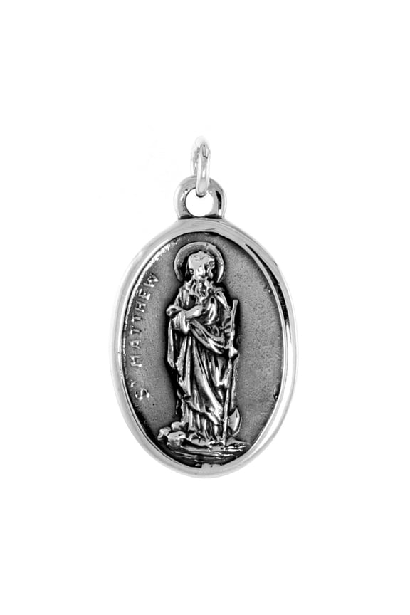 Sterling Silver St Matthew Medal Pendant Oxidized finish Oval 1 inch