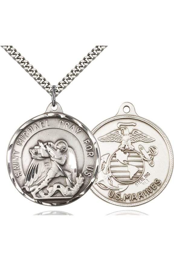 Sterling Silver St. Michael / Marines Pendant 1 3/8 x 1 1/4 inches with Heavy Curb Chain