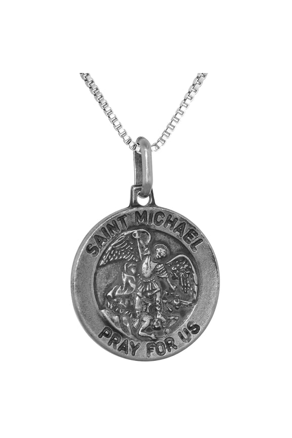 Sterling Silver St Michael Medal Necklace 3/4 inch Round Antiqued Finish Italy, 16 inch Chain 0.8mm