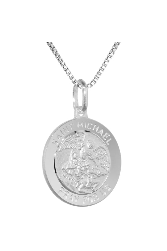 Sterling Silver St Michael Medal Necklace 3/4 inch Round Italy, 18 inch Chain 0.8mm