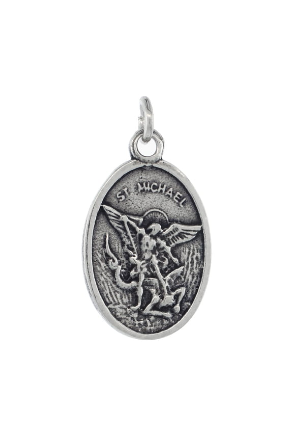 Sterling Silver St Michael Medal Pendant Oxidized finish Oval 1 inch