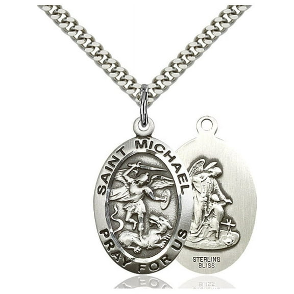 Sterling Silver St. Michael the Archangel Pendant 1 x 5/8 inches with Heavy Curb Chain