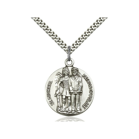 Sterling Silver St. Michael the Archangel Pendant 1 x 7/8 inches with Heavy Curb Chain
