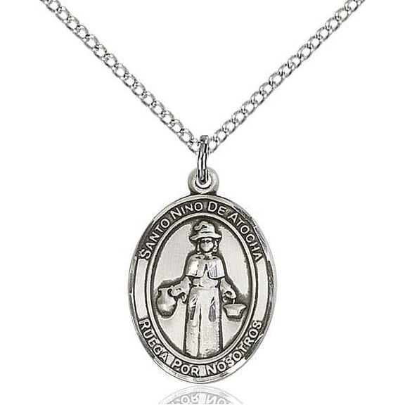 Sterling Silver St. Nino de Atocha Pendant 3/4 x 1/2 inches with 18 inch Sterling Silver Curb Chain