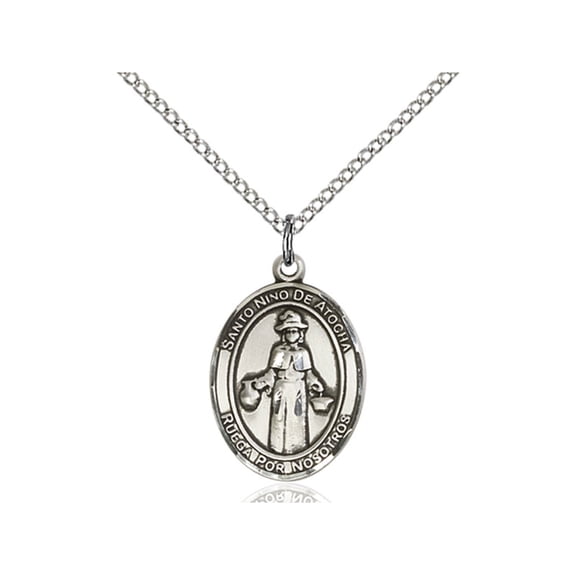 Sterling Silver St. Nino de Atocha Pendant 3/4 x 1/2 inches with 18 inch Sterling Silver Curb Chain