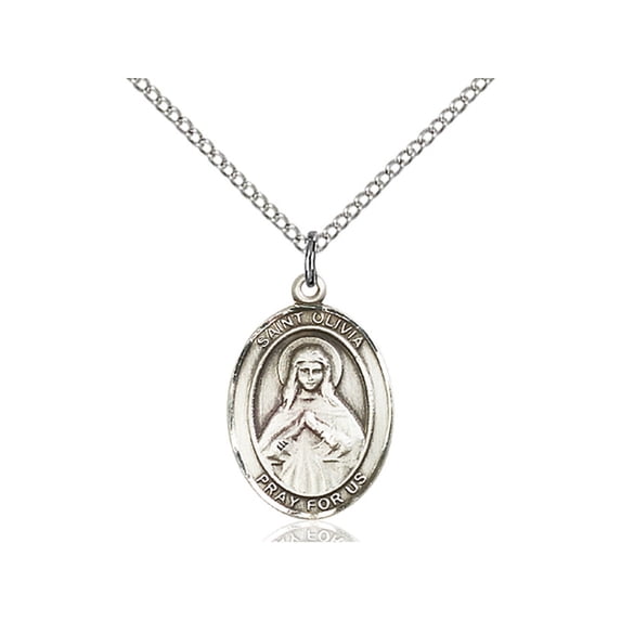 Sterling Silver St. Olivia Pendant 3/4 x 1/2 inches with Sterling Silver Lite Curb Chain