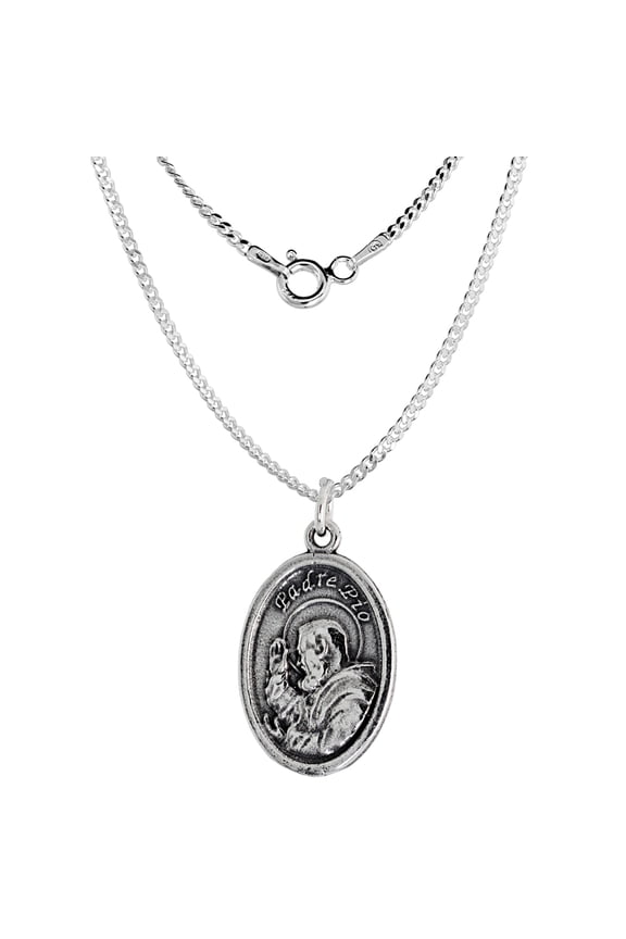Sterling Silver St Padre Pio Medal Necklace Oval 18 inch