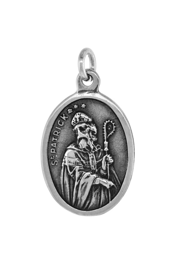 Sterling Silver St Patrick Medal Pendant Oxidized finish Oval 1 inch