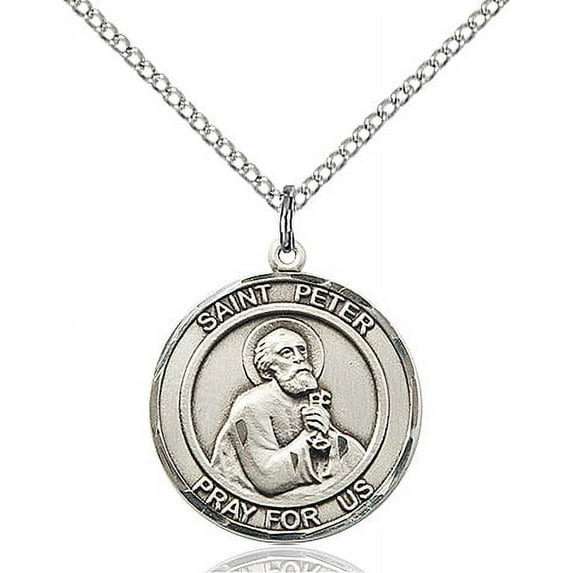 Sterling Silver St. Peter the Apostle Pendant 3/4 x 5/8 inches with 18 inch Sterling Silver Curb Chain