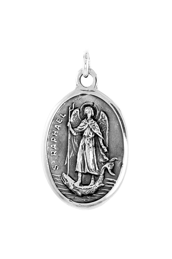 Sterling Silver St Raphael Medal Pendant Oxidized finish Oval 1 inch