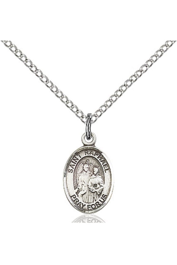 Sterling Silver St. Raphael the Archangel Pendant 1/2 x 1/4 inches with Sterling Silver Lite Curb Chain