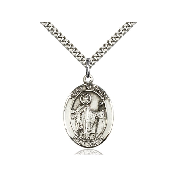 Sterling Silver St. Richard Pendant 1 x 3/4 inches with Heavy Curb Chain